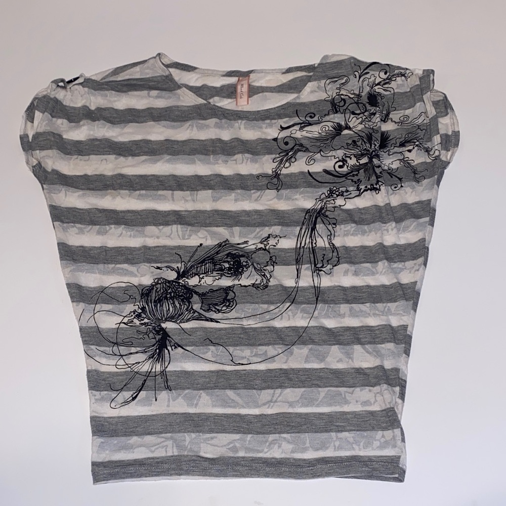 Vintage 90s Mind Code Gray & White Striped Tee with Black Floral Sketch